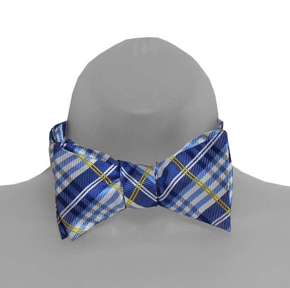 White, Powder Blue, Yellow Stripes on Blue Plaid Self Tie Bow Tie