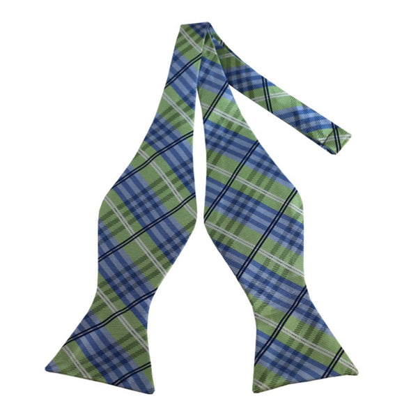 Blue, White and Green Plaid Self Tie Bow