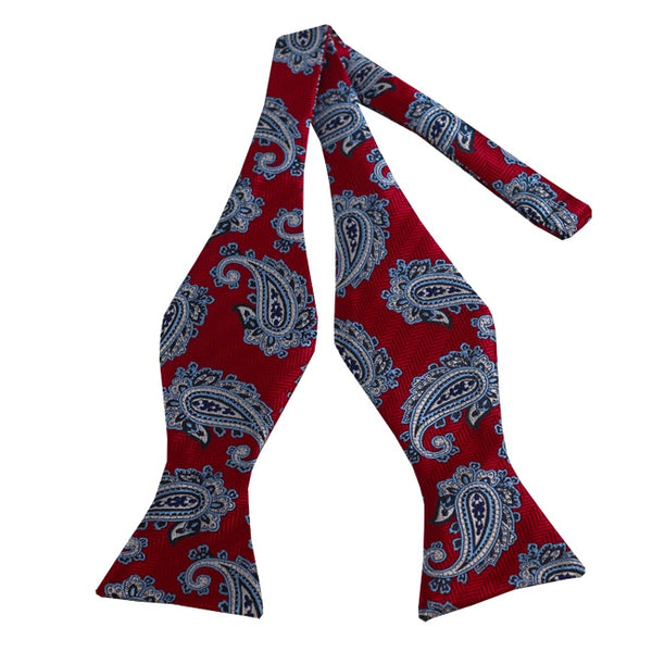 Steel Blue and Cream Paisley on Red Self Tie Bow Tie