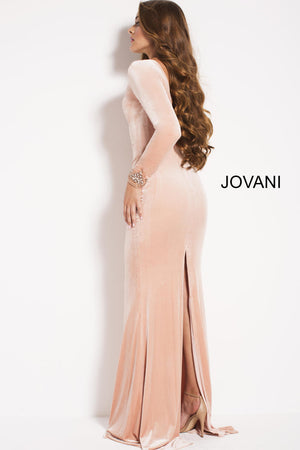 Jovani 52137 Blush Velvet Long Sleeve Dress Jovani 