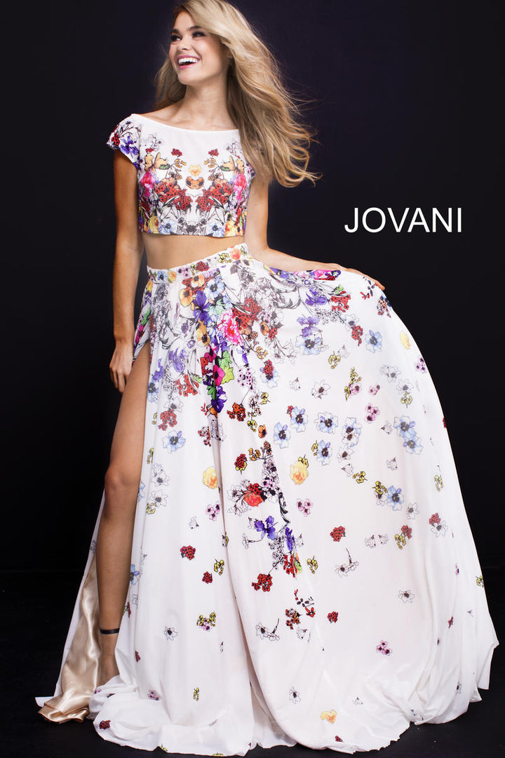 JOVANI 55272 White Floral Print 2 Piece Dress