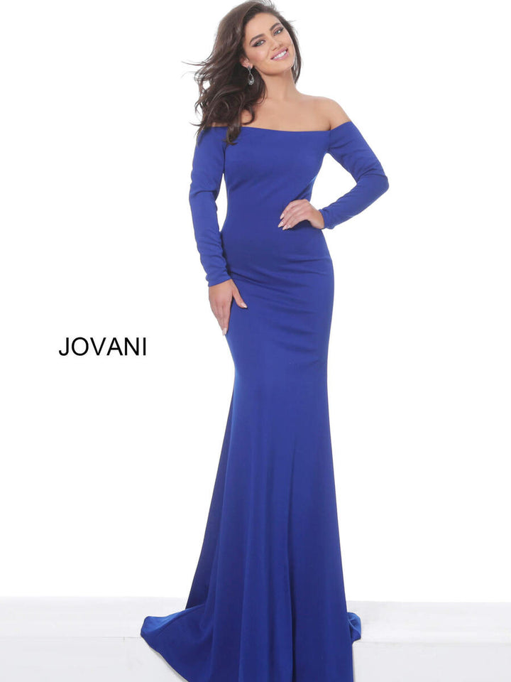 JOVANI 67440 Royal Blue Off the Shoulder Long Sleeve Dress