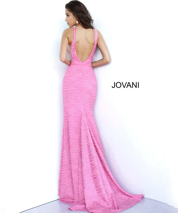 JOVANI 02472 Metallic Glitter Knit Jersey Fitted Dress with Slit - Hot Pink or Soft Blue