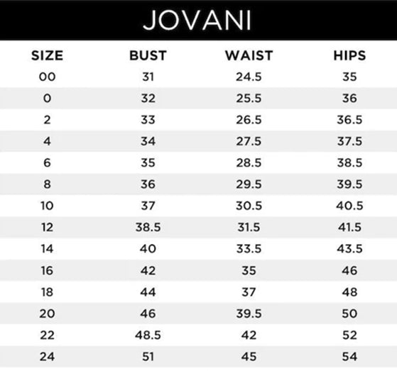 Size Chart for Jovani and JVN Dresses