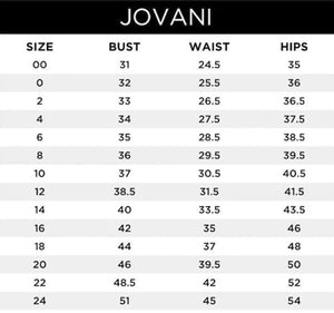 Jovani and JVN by Jovani size chart with bust, waist, and hips measurements.
