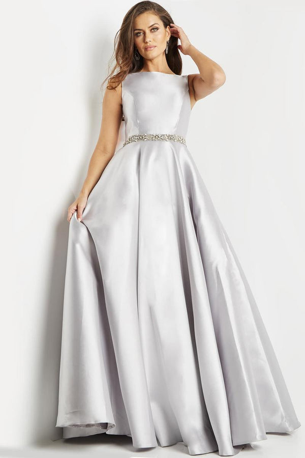 JOVANI 09077 Silver Mikado Modest A-Line Dress