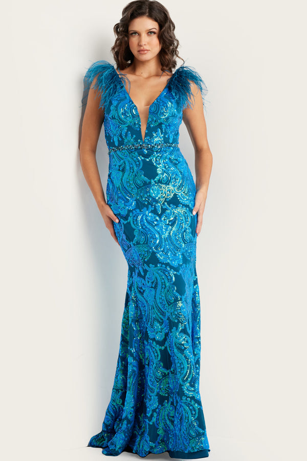 JOVANI 38758 Sequin Mesh Sheath Dress