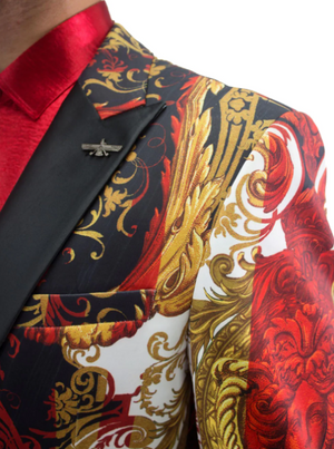 Baroque Print Red & Gold Fashion Jacket Detail - Barabas 