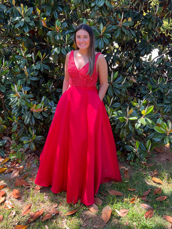 JVN by Jovani 08473 Red V-Neck Mikado Ballgown with Pockets