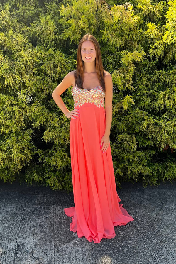 JVN by Jovani 21216 Coral Jeweled Sweetheart Chiffon Dress
