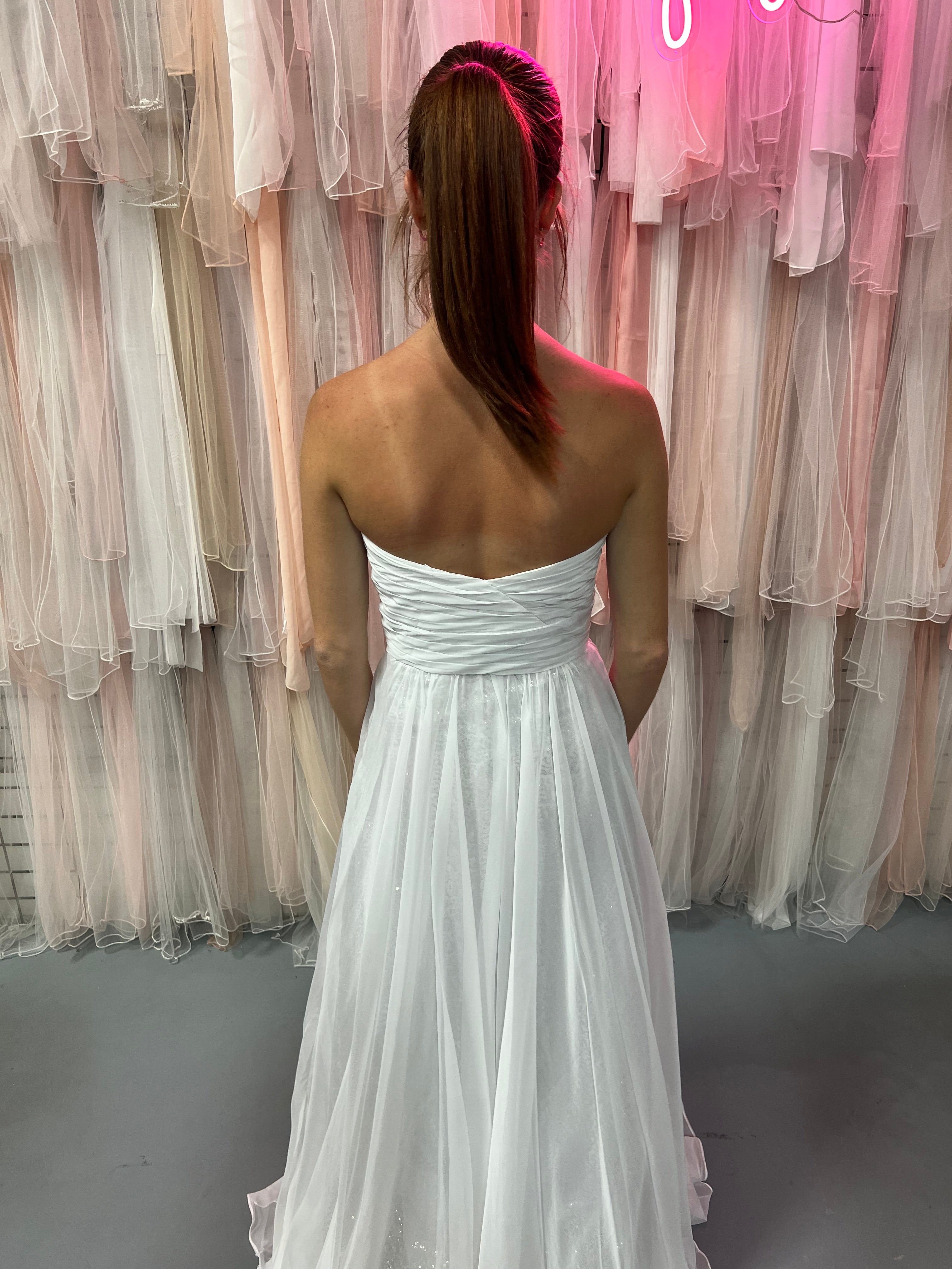 flowy chiffon dress JVN by Jovani 21402 White Strapless Flowy Chiffon Dress White / 2
