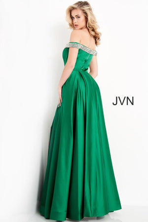 JVN by Jovani 2282 Black Off Shoulder Satin A-Line Dress JVN by Jovani 