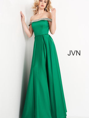 JVN by Jovani 2282 Black Off Shoulder Satin A-Line Dress JVN by Jovani 