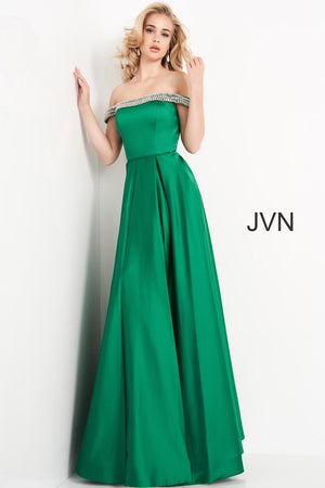 JVN by Jovani 2282 Black Off Shoulder Satin A-Line Dress JVN by Jovani 
