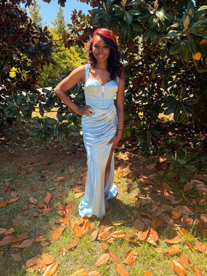 JVN by Jovani 24338 Satin Sheath Dress with Open Slit JVN by Jovani 
