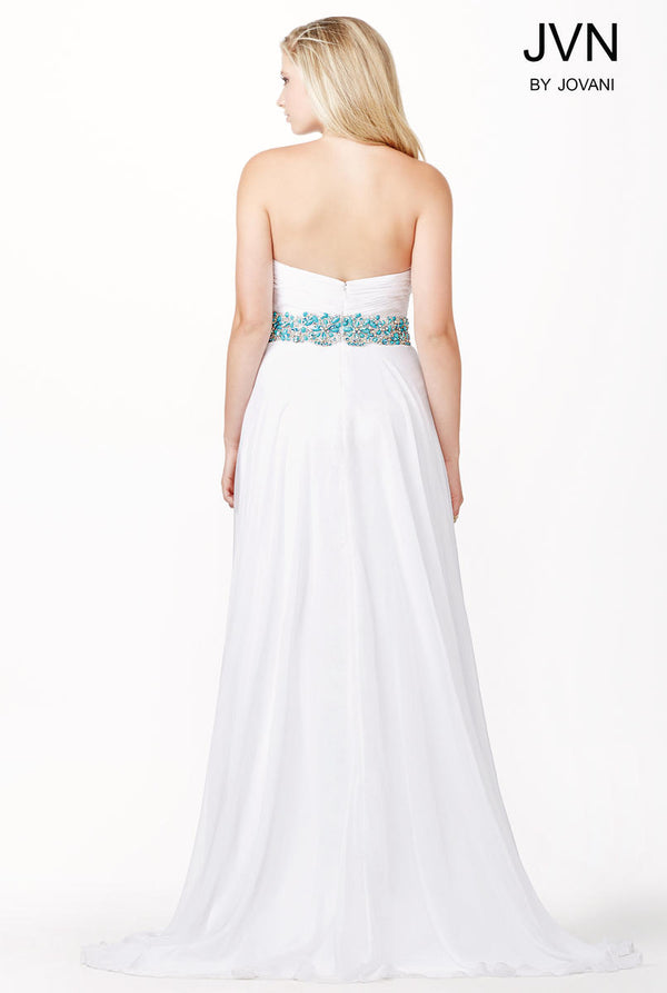 JVN by Jovani 32108 White Sweetheart Chiffon Dress with Turquoise Beaded Waist