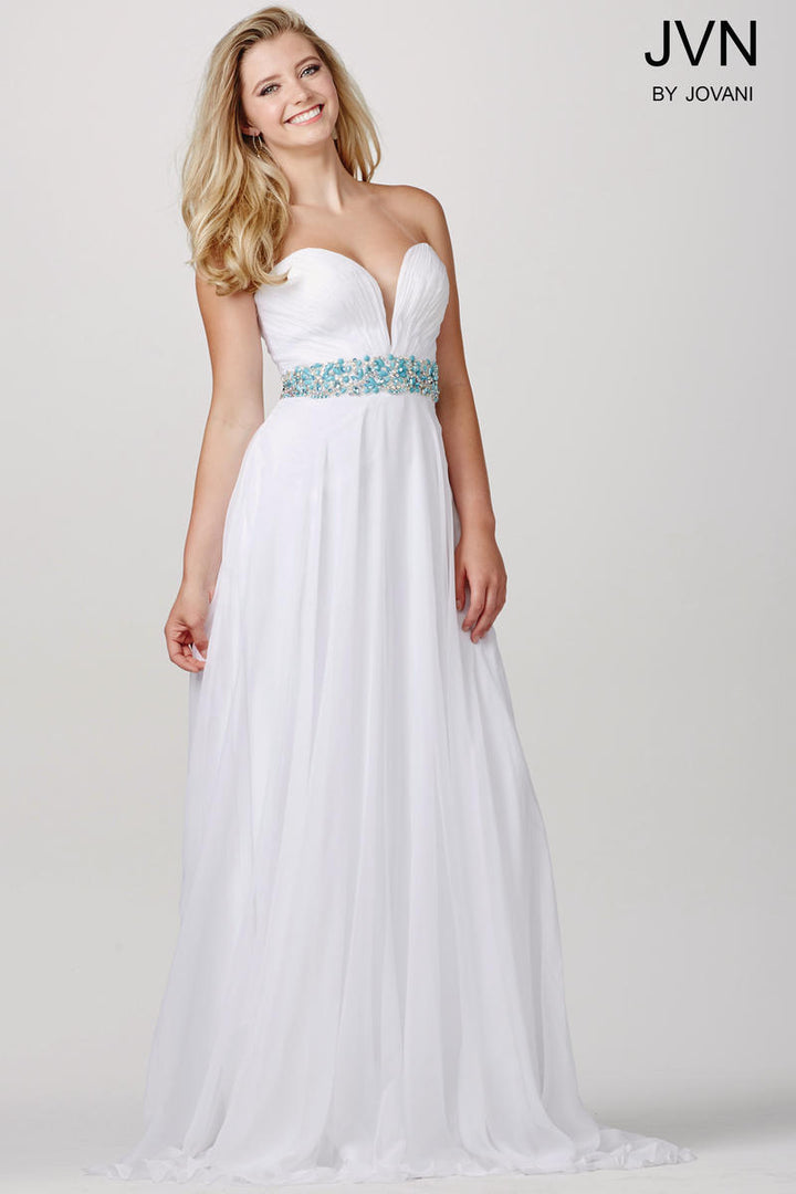 JVN by Jovani 32108 White Sweetheart Chiffon Dress with Turquoise Beaded Waist