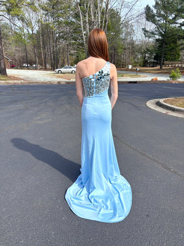 JOVANI 22410 Light Blue One Shoulder Dress with Asymmetric Cut Glass Bodice