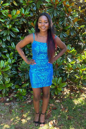 JOVANI 09696 Turquoise Sequin Design Fitted Cocktail Dress Jovani 