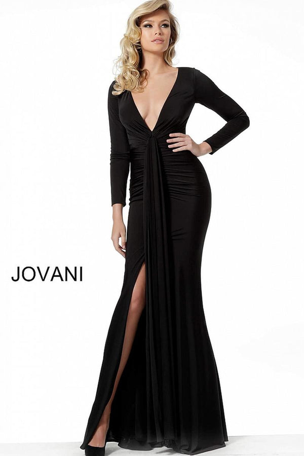 JOVANI 64983 Black Long Sleeve Fitted Jersey Dress - Size 0