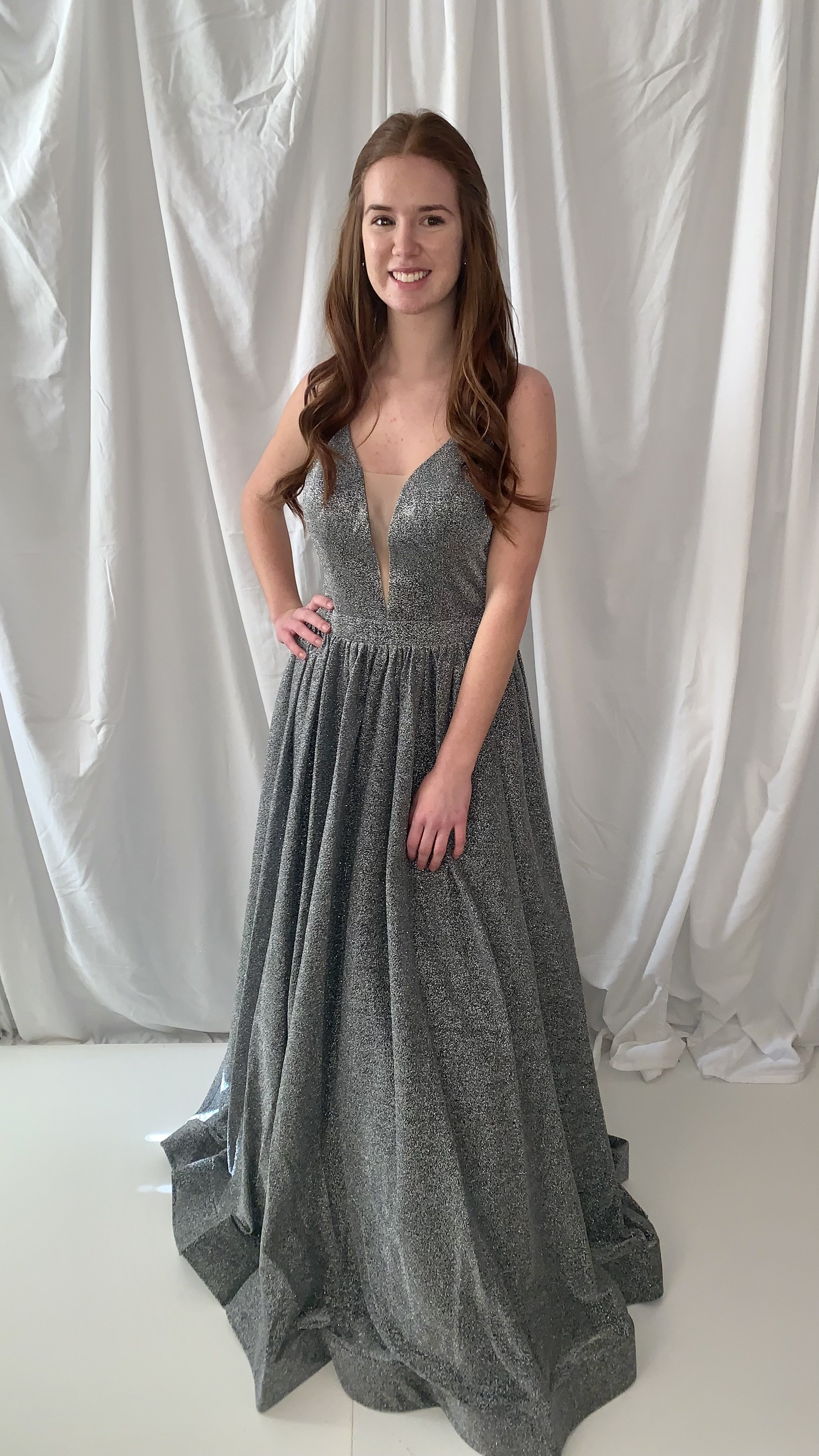 Lucci Lu 28029 Silver Glitter Jersey A-Line Dress Silver / 4 Lucci Lu 28029 Silver Glitter Jersey A-Line Dress Silver / 4