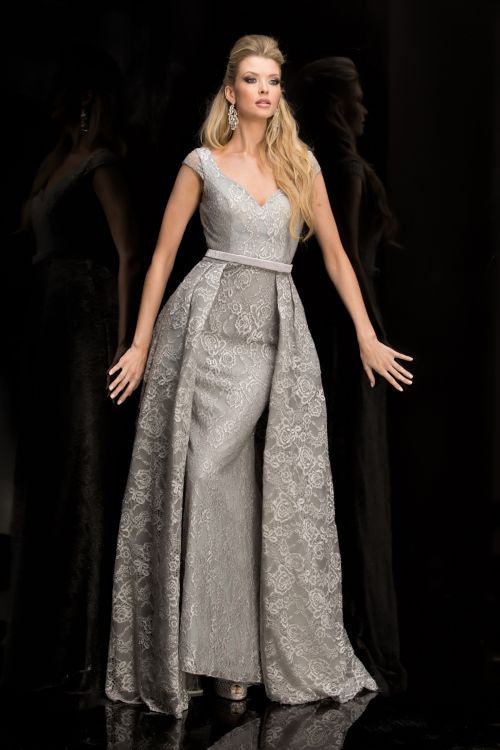 Lucci Lu 28811 Silver Lace Dress with A-Line Overskirt