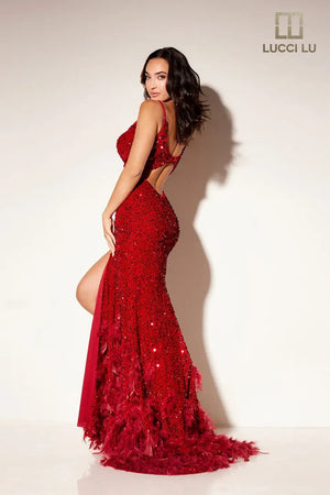 Lucci Lu 1299 Velvet Sequin Dress with Feather Train Lucci Lu 