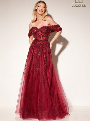 Lucci Lu 1309 Burgundy Off Shoulder Embroidered Tulle A-Line Dress Lucci Lu 