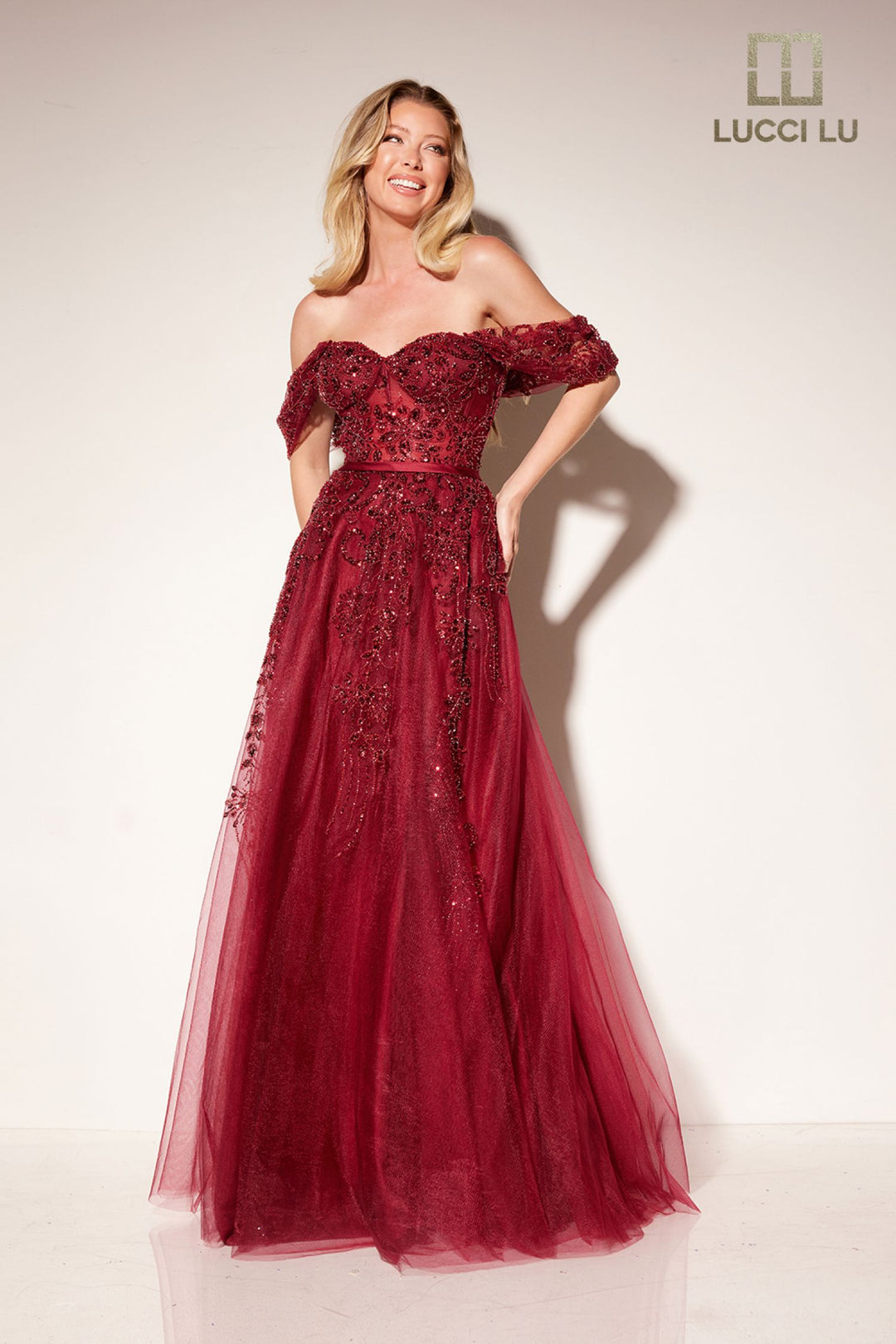 Lucci Lu 1309 Burgundy Off Shoulder Embroidered Tulle A-Line Dress Lucci Lu 
