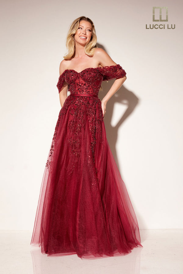 Lucci Lu 1309 Burgundy Off Shoulder Embroidered Tulle A-Line Dress Lucci Lu 