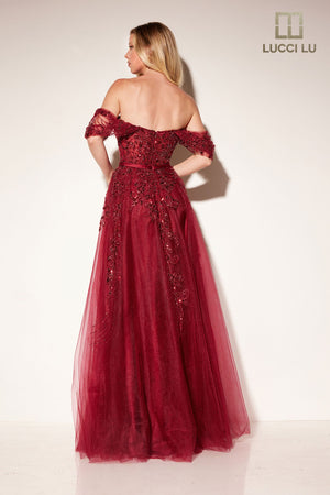 Lucci Lu 1309 Burgundy Off Shoulder Embroidered Tulle A-Line Dress Lucci Lu 