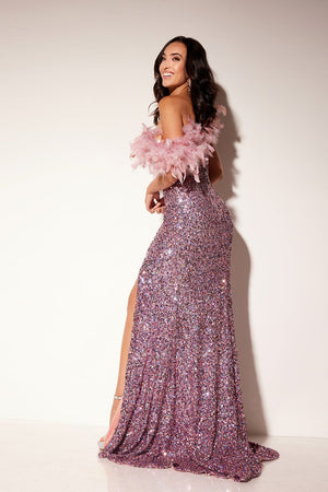 Lucci Lu 1337 Sequin Sheath Dress with Off Shoulder Feather Detail Lucci Lu 