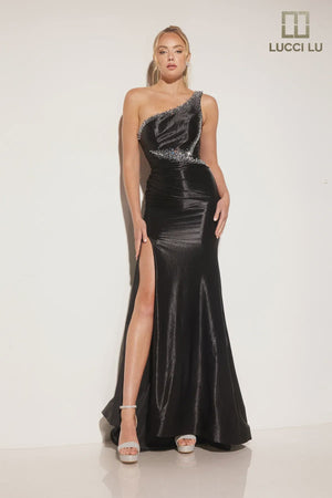 Lucci Lu 1373 Black One Shoulder Beaded Shimmer Dress Black / 0