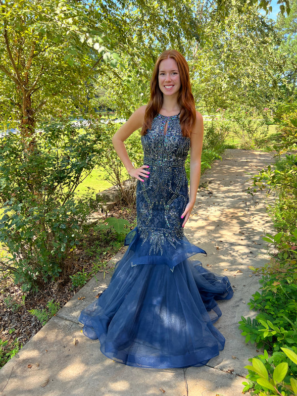 Lucci Lu 2134 Navy Lace Tulle Beaded Mermaid Dress