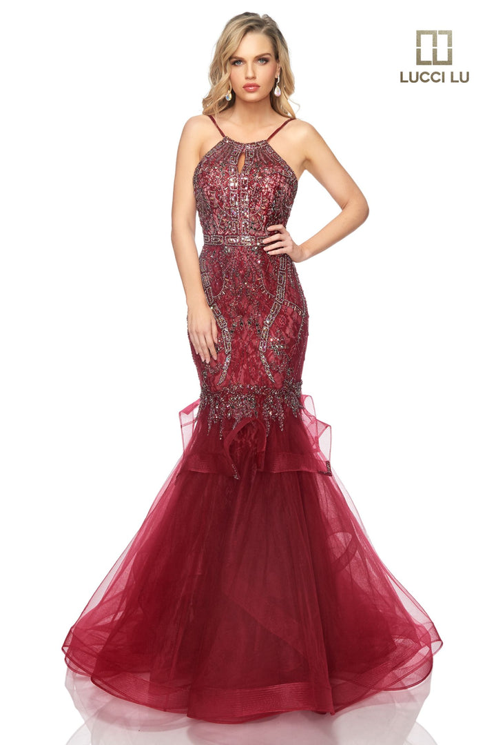 Lucci Lu 2134 Burgundy Lace Tulle Beaded Mermaid Dress - Size 4