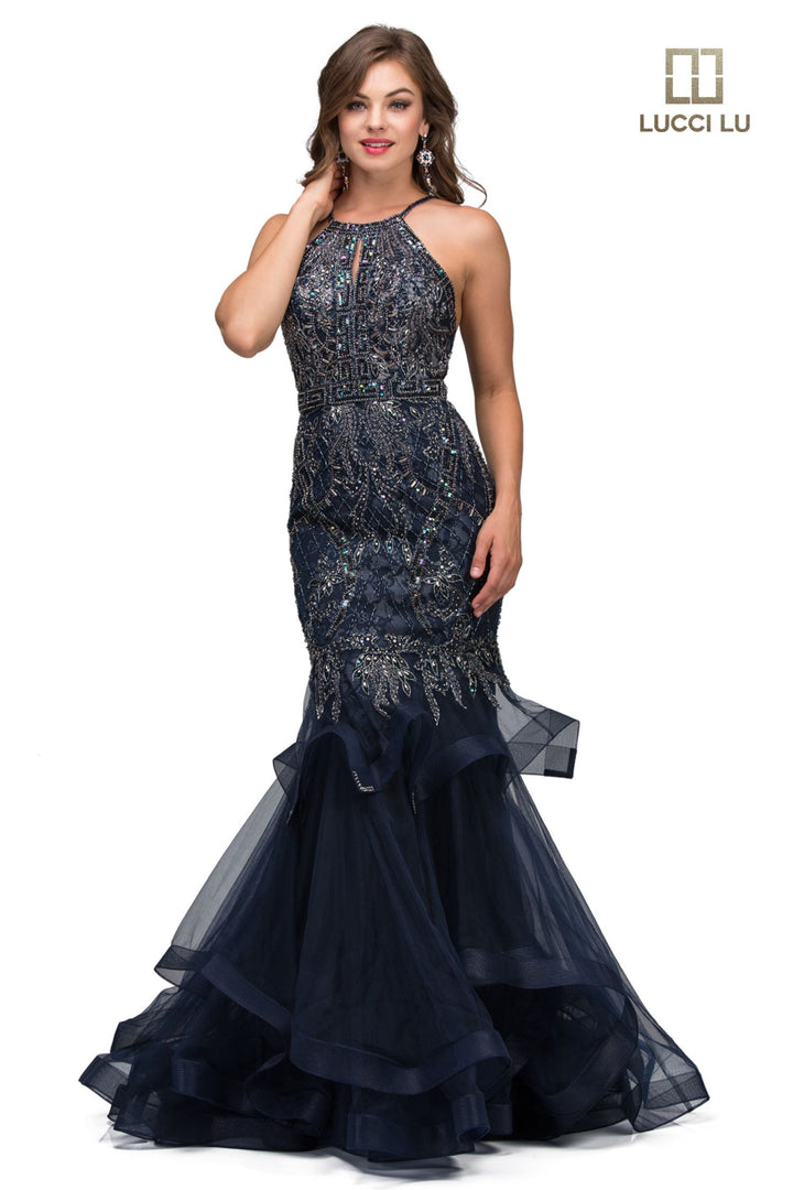 Lucci Lu 2134 Navy Lace Tulle Beaded Mermaid Dress