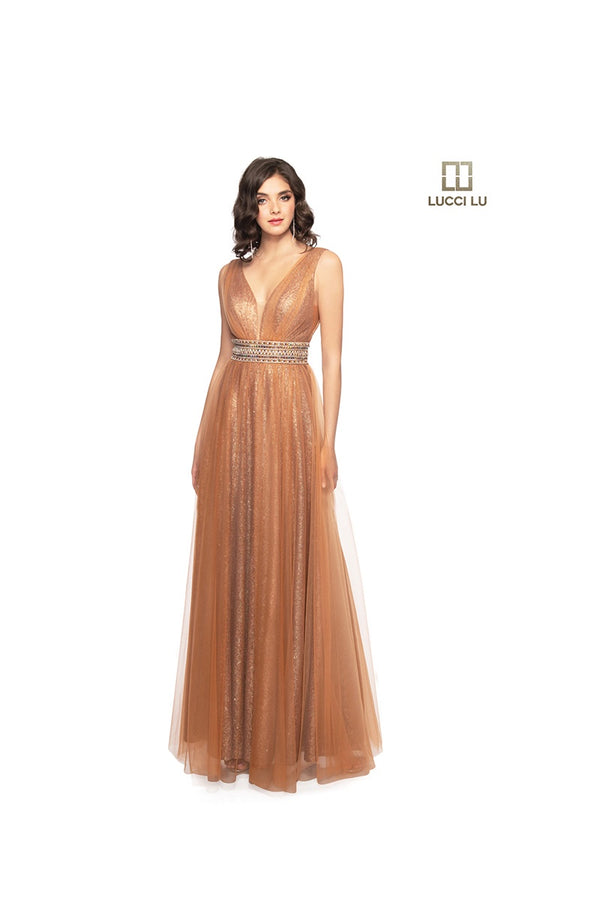 Lucci Lu 28018 Bronze Sequin Tulle Slim A-Line Dress