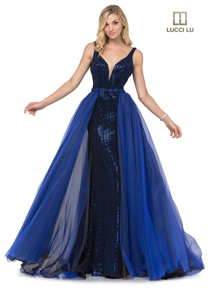 Lucci Lu 28056 Royal Blue Sheath Dress with Detachable Tulle Overskirt