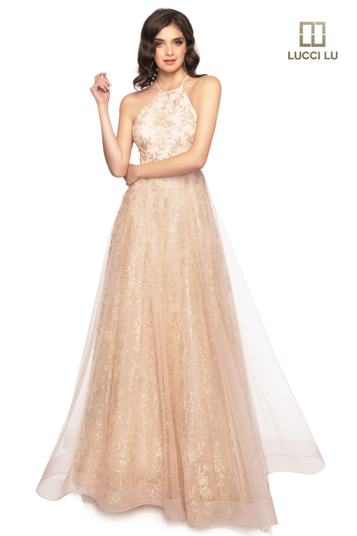Lucci Lu 28801 Rose Gold Halter A-Line Tulle Dress