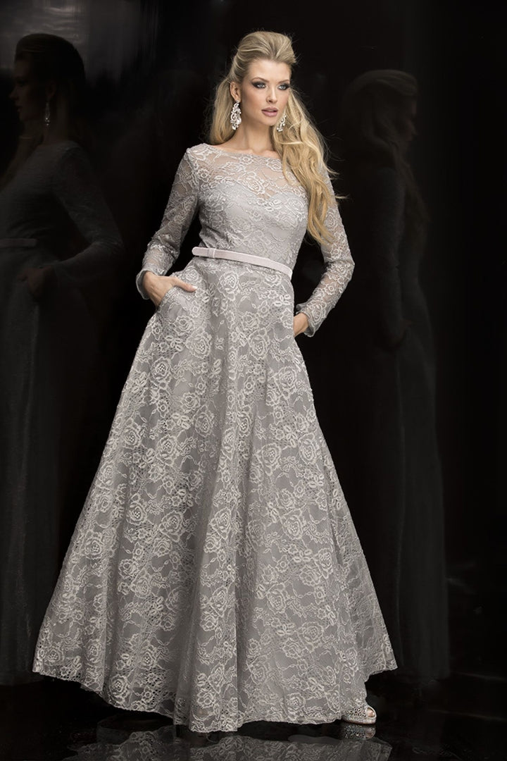 Lucci Lu 28816 Silver Lace Long Sleeve A-Line Dress