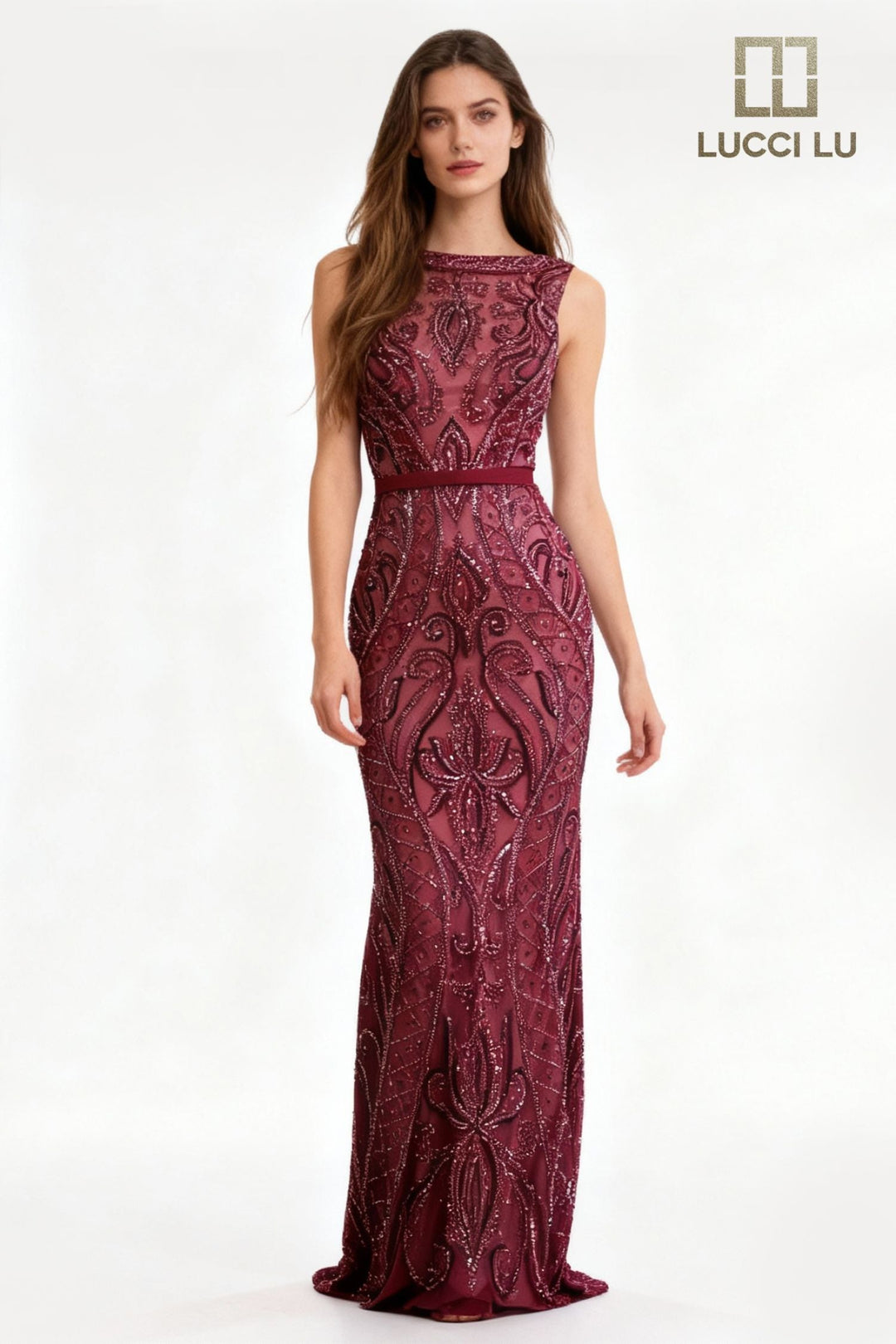 Lucci Lu 28819 Sleeveless Modest Fitted Beaded Dress Lucci Lu 