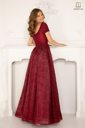 Lucci Lu 28839 Embroidered Tulle A-Line Dress with Short Sleeves Lucci Lu 