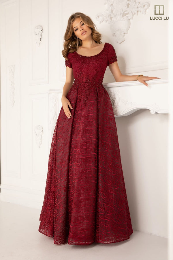 Lucci Lu 28839 Embroidered Tulle A-Line Dress with Short Sleeves Lucci Lu 