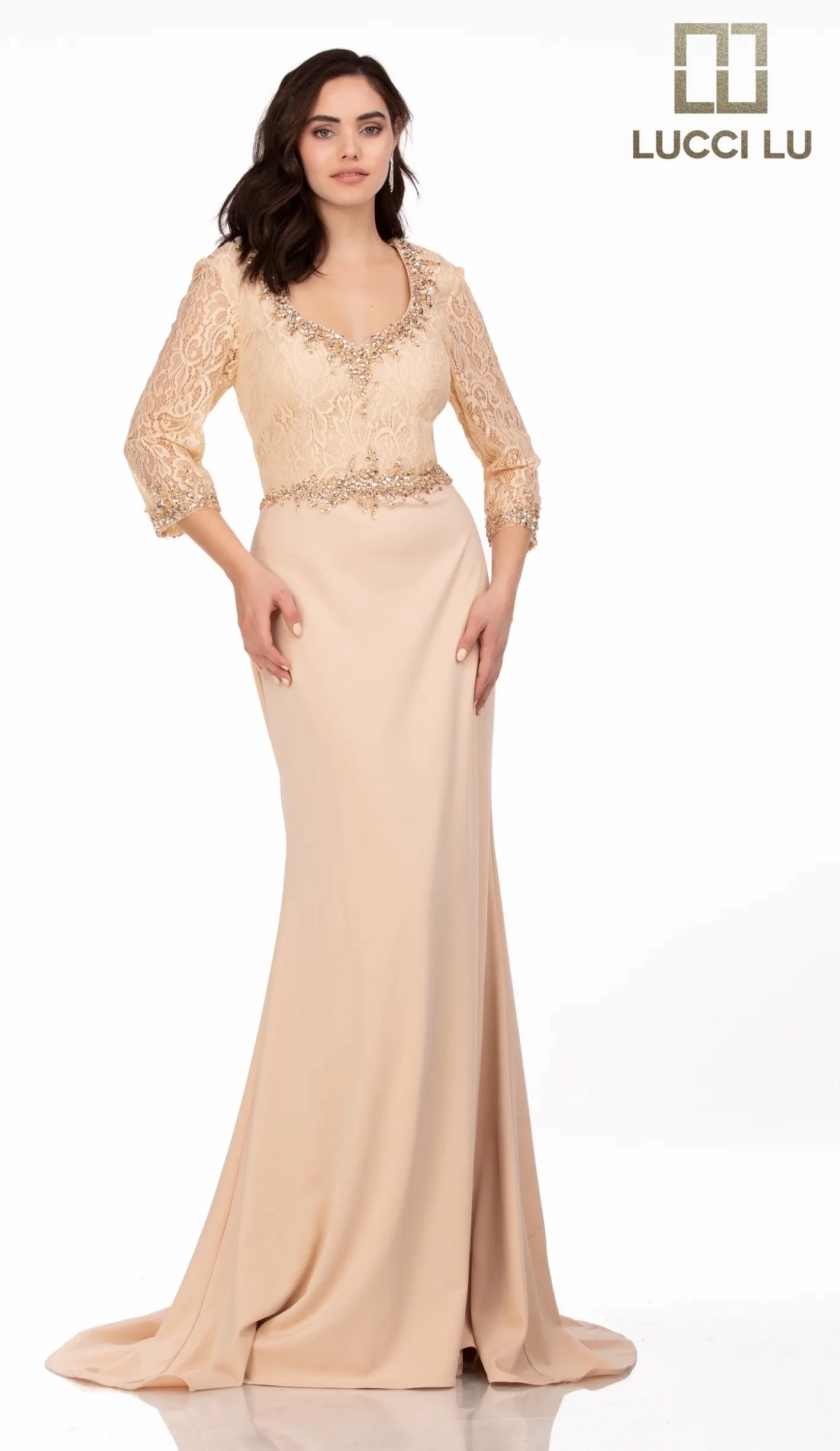 Lucci Lu 6030W Champagne Lace Long Sleeve Dress Formalwear Outlet Lucci Lu 6030W Champagne Lace Long Sleeve Dress Formalwear Outlet