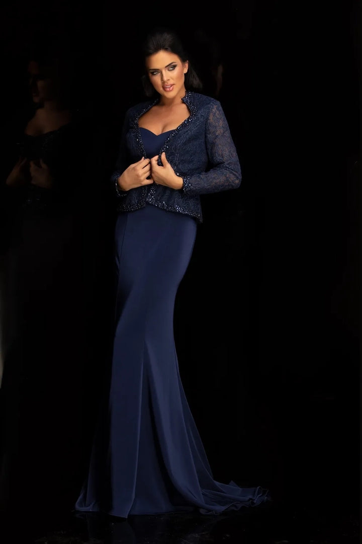 Lucci Lu 6032W Navy Blue Fitted Dress with Long Sleeve Lace Jacket