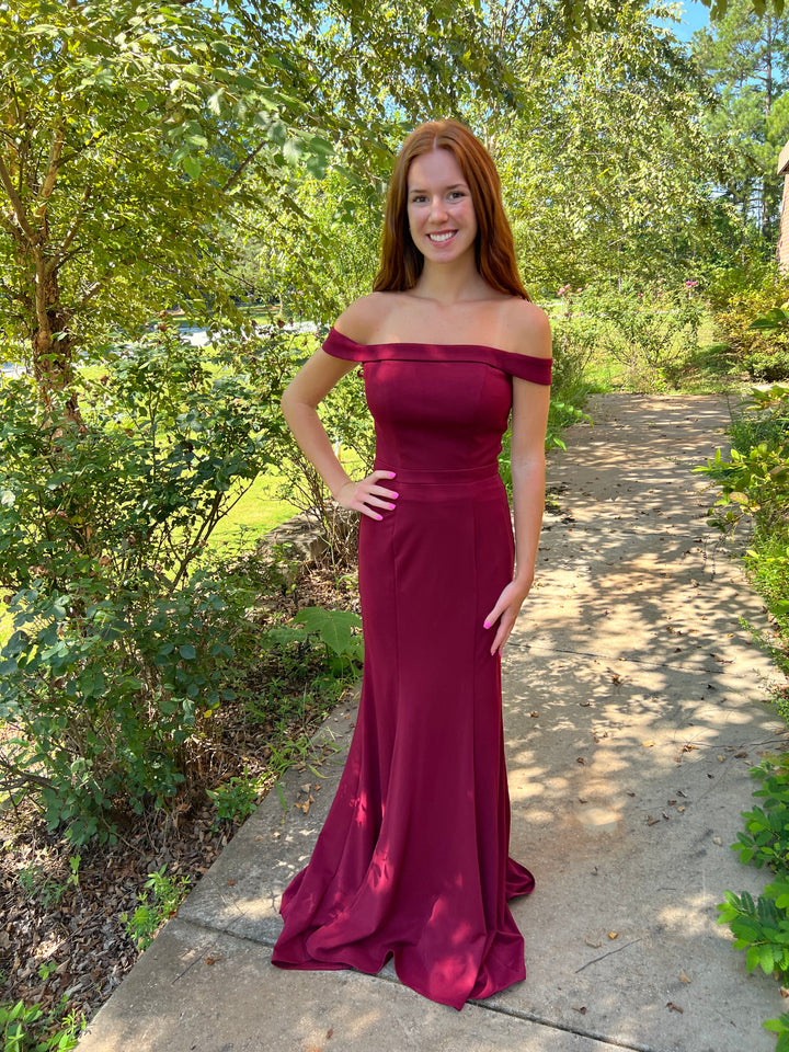 Lucci Lu 8197 Burgundy Fitted Off the Shoulder Dress