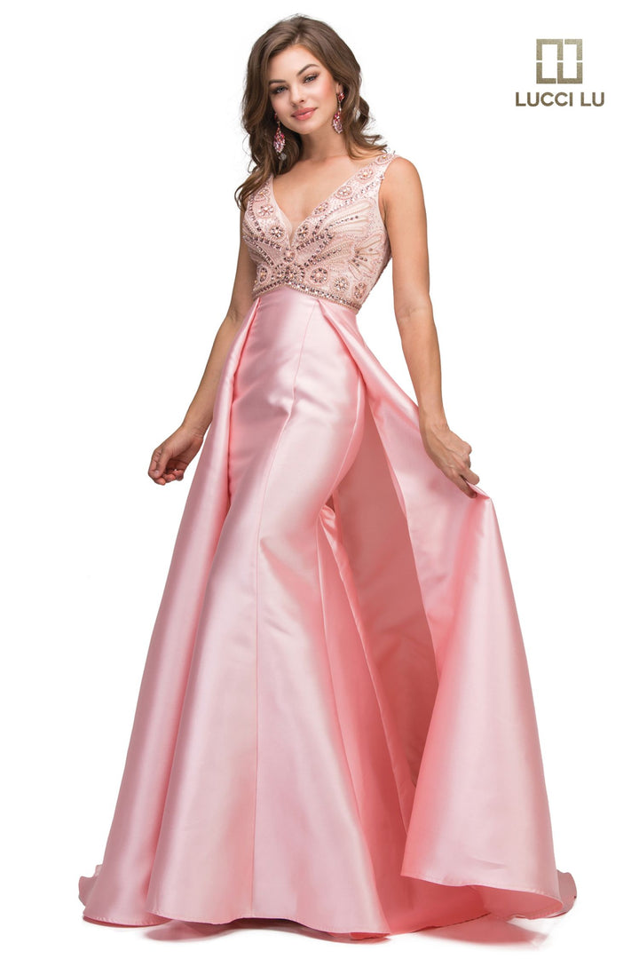 Lucci Lu 8233 Blush Pink Fitted Mikado Dress with A-Line Overskirt
