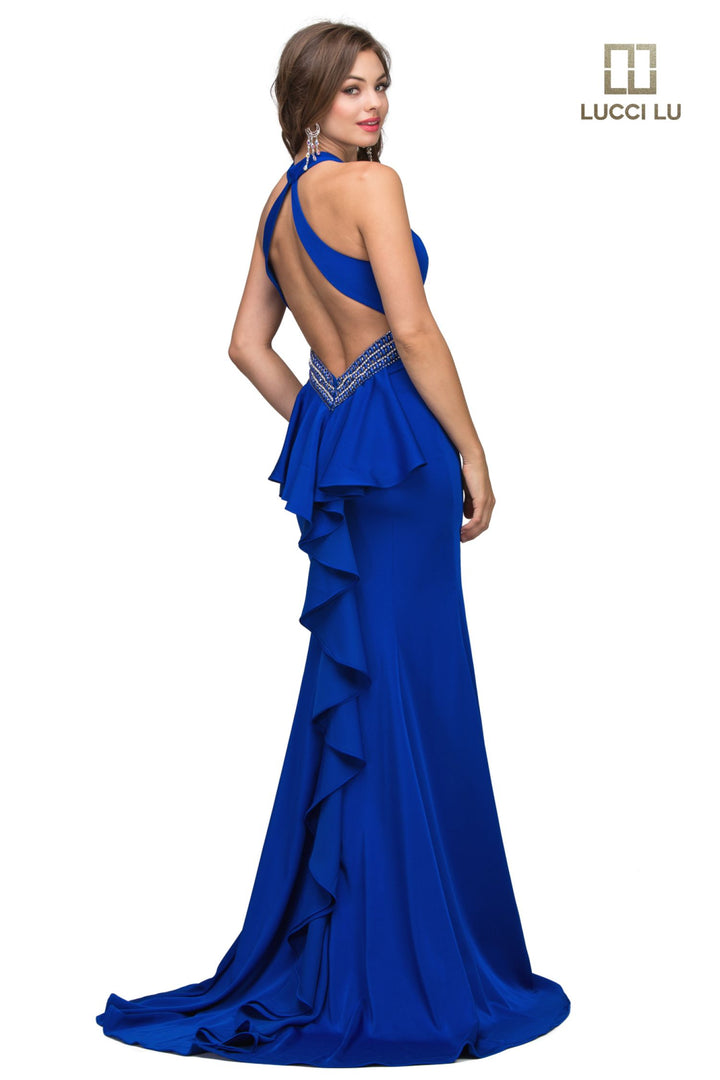 Lucci Lu 8242 Royal Blue Low Back Fitted Dress with Ruffle Train