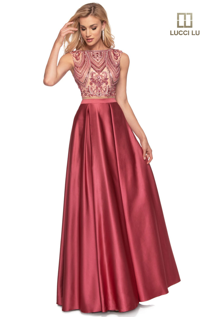 Lucci Lu 8246 Dark Rose Beaded Illusion Bodice Satin A-Line Dress - Size 8