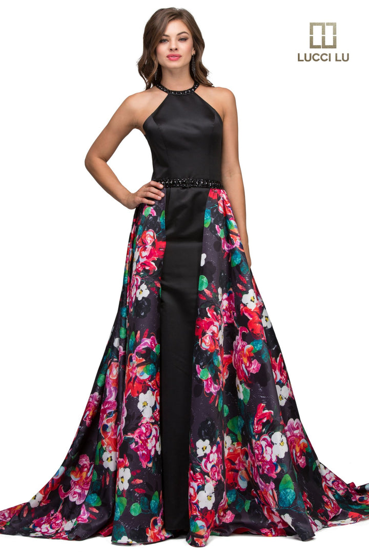 Lucci Lu 8250 Black Satin Column Dress with Floral Print Detachable Skirt
